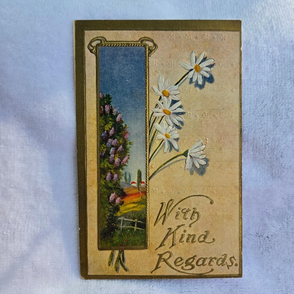 Antique Postcard With Kind Regards Floral Daisies Embossed 1900s Divided Back
